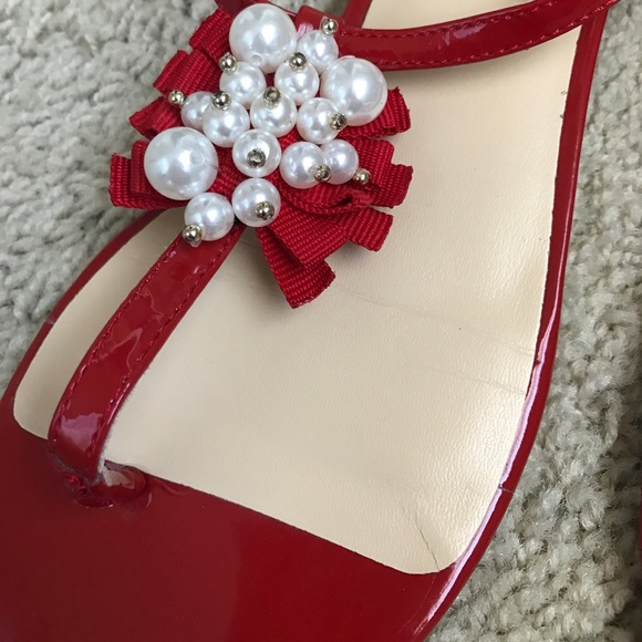 Patent Red Kate Spade Sandals with Pearl Decor - Picture 3 of 4
